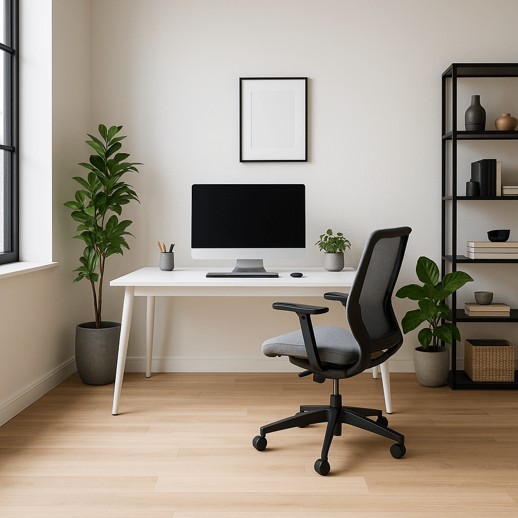 Modernes Home Office mit weißem Schreibtisch, ergonomischem Stuhl, großen Fenstern, grünen Pflanzen und minimalistischer Einrichtung.