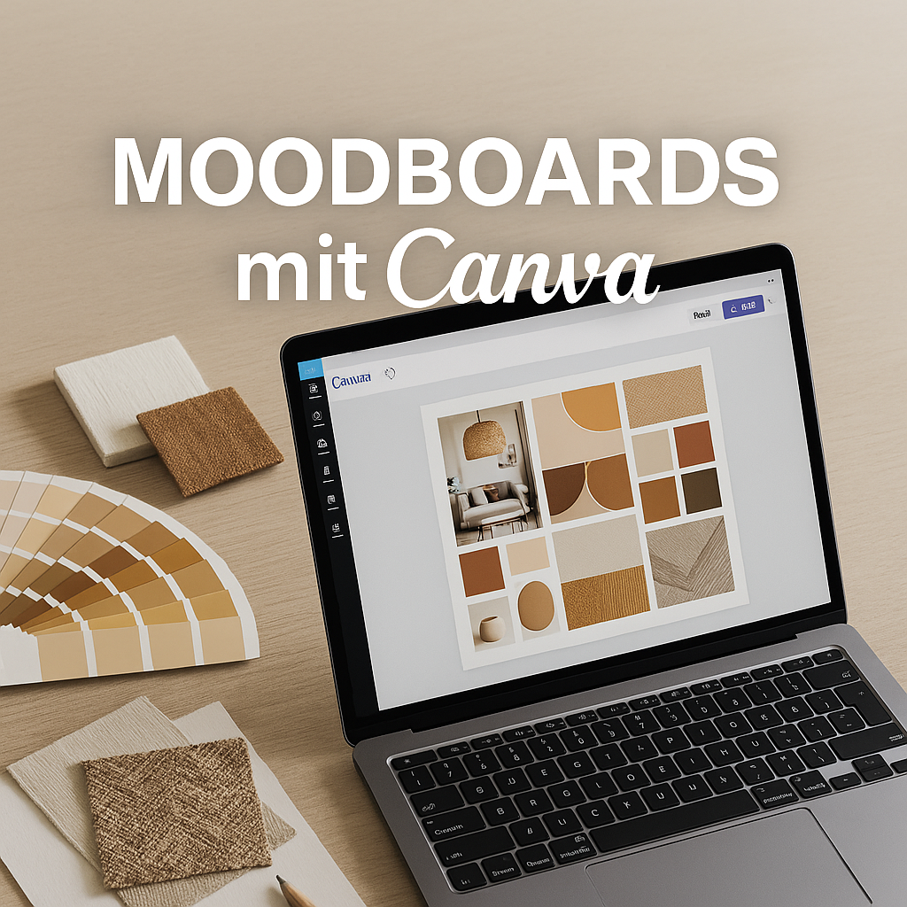 Canva Moodboard auf Laptop auf Tisch mit Farbkarten