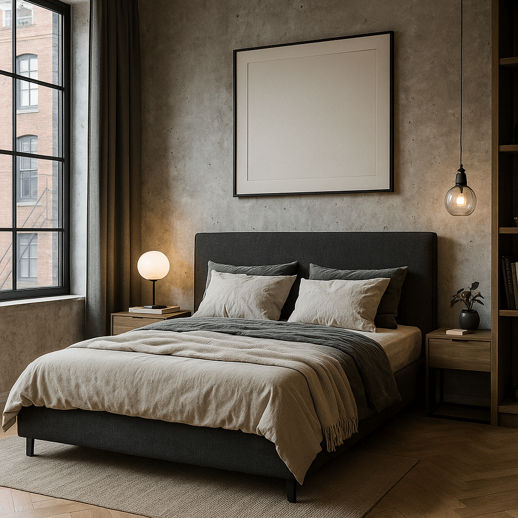 Bett vor Betonwand mit hölzernen Nachtischen und Stehlampe