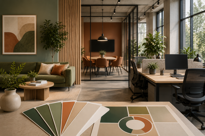 Modernes Büro mit durchdachtem Farbkonzept in Olivgrün, Terrakotta, Beige und Holz: Lounge, Meetingraum und Arbeitsplätze in einem hellen, biophilen Office-Design