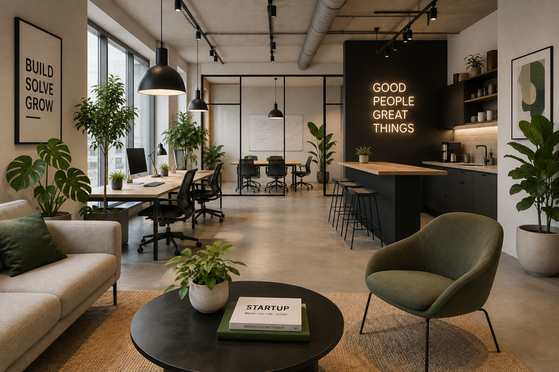 Modernes Startup-Büro mit Arbeitsplätzen, Meetingraum, Lounge, Pflanzen und budgetfreundlichem Interior Design.