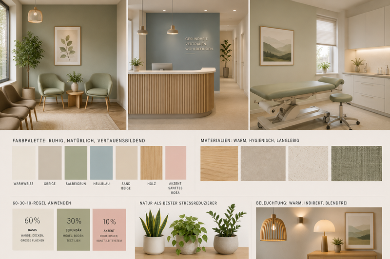 Moderne Arztpraxis mit beruhigender Farbgestaltung in Salbeigrün, Beige und warmen Holztönen.