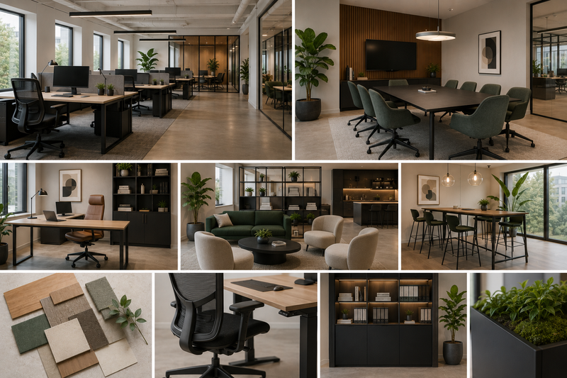Moderne Büroeinrichtung mit Arbeitsplätzen, Akustik, Lounge und hochwertigen Materialien in verschiedenen Ausstattungsstufen.