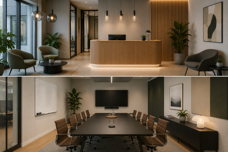 Moderner Büro-Empfang mit angrenzendem Meetingraum, warmen Materialien, Pflanzen und professioneller Beleuchtung.