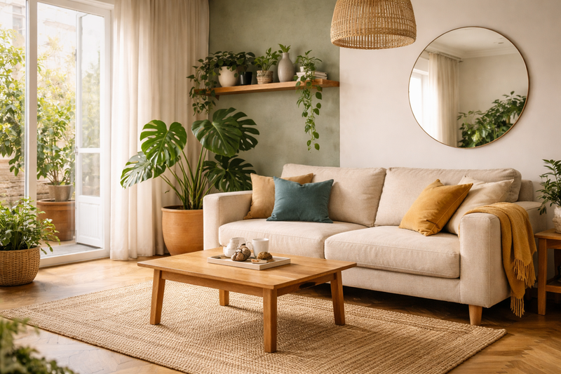 Biophilic Wohnzimmer im Berliner Altbau mit Monstera, Geigenfeige und Naturmaterialien – Salbeigrüne Akzentwand, Leinensofa in   Sandton, Eichenholz-Couchtisch und Rattan-Leuchte