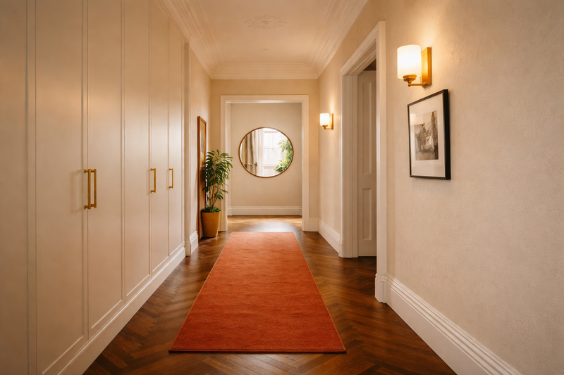 Clever genutzter Altbau-Flur in Berlin mit Einbauschränken, rundem Spiegel an der Stirnseite, Messing-Wandleuchten und Terrakotta-Läufer auf Fischgrät-Parkett