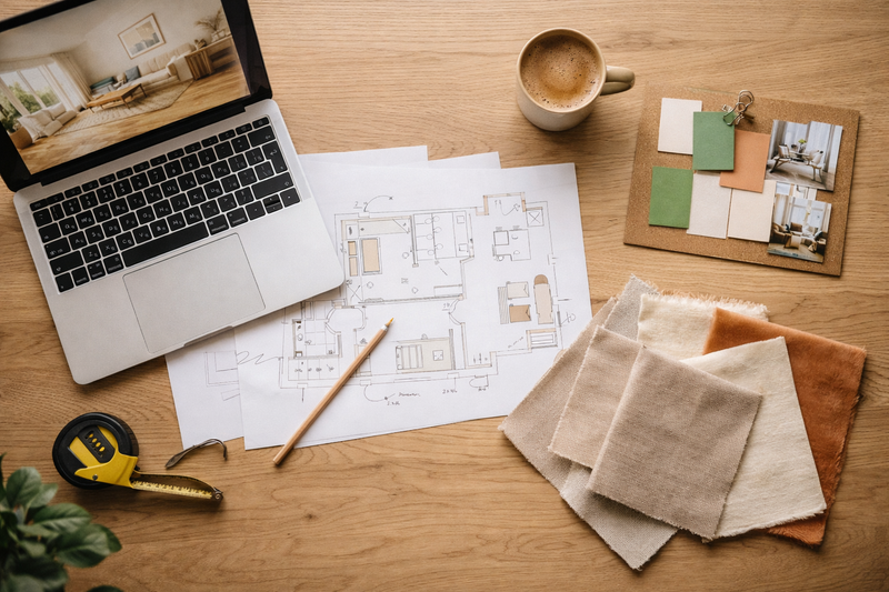 Interior Design Projektablauf: Arbeitsplatz mit Laptop, 3D-Visualisierung, Grundriss, Stoffmustern und Moodboard – die   typischen Schritte eines Designprojekts