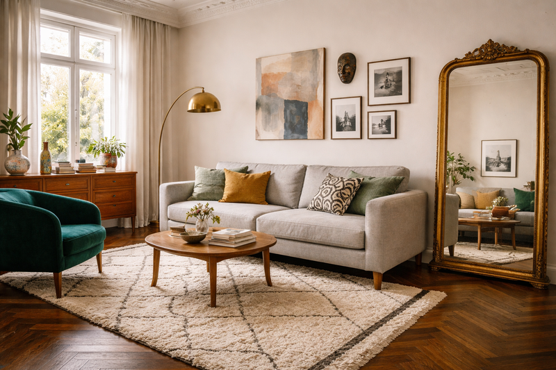 Eclectic Wohnzimmer mit Stil-Mix: modernes Leinensofa, Vintage-Messinglampe, antiker Spiegel, marokkanischer Teppich und   Gallery Wall – verbunden durch warme Messingtöne