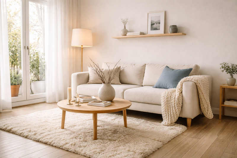 Skandinavisches Wohnzimmer mit hellem Eschenholzboden, cremefarbenem Leinensofa, Strickdecke, Birkenholz-Couchtisch, Kerzen und    weichem Tageslicht – Hygge-Atmosphäre
