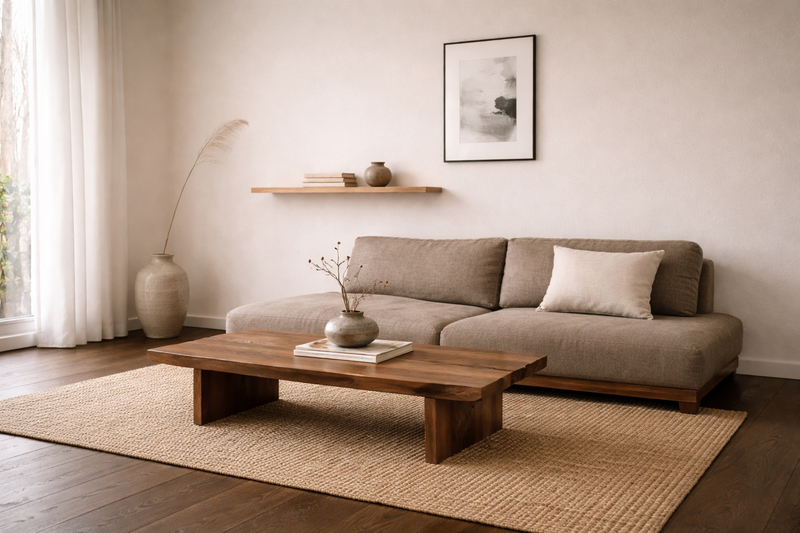 Japandi Wohnzimmer mit niedrigem Taupe-Leinensofa, Walnuss-Couchtisch, handgemachter Keramik und bewusstem Leerraum – Wabi-Sabi trifft skandinavische Gemütlichkeit