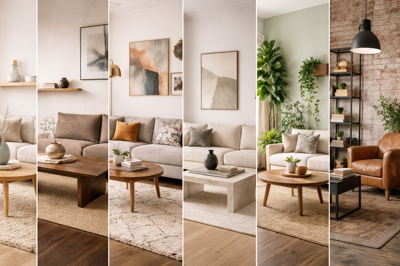 Sechs Einrichtungsstile im Vergleich: Skandinavisch, Japandi, Eclectic, Modern, Natural Biophilic und Urban Industrial – jeweils als Wohnzimmer-Ausschnitt nebeneinander