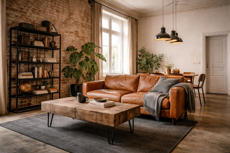 Urban Industrial Wohnzimmer im Berliner Altbau mit Backsteinwand, Cognac-Ledersofa, Fabriklampen, Schwarzstahl-Regal und recyceltem Holztisch auf Betonboden