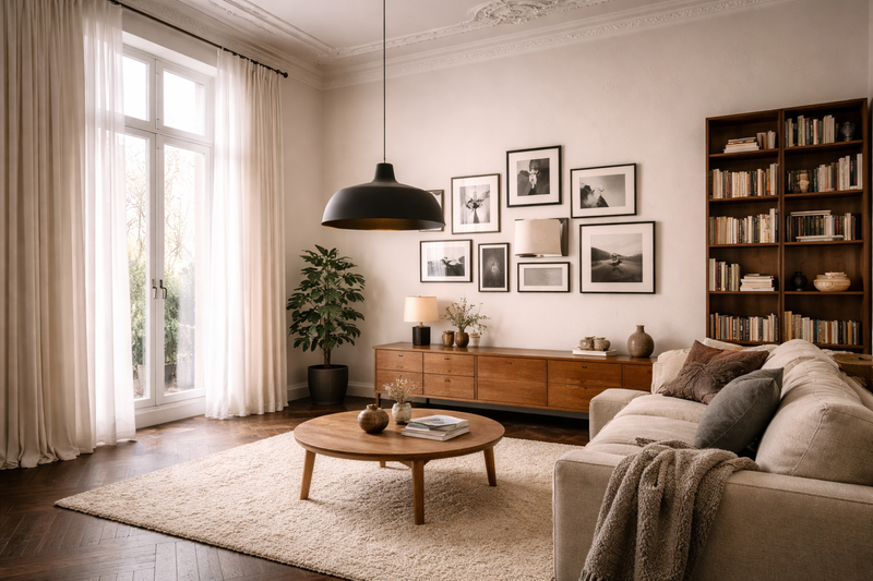 Altbau-Wohnzimmer mit 3,5 m hohen Decken: deckenhohe Leinenvorhänge, Gallery Wall über Sideboard, tief hängende Pendelleuchte und hohes Bücherregal – vertikale Raumnutzung in drei Zonen