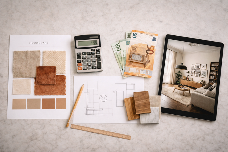 Interior Design Kosten im Überblick: Moodboard, Stoffmuster, Grundriss, Taschenrechner und 3D-Visualisierung auf einem Beratungstisch – transparente Festpreise ab 119 Euro