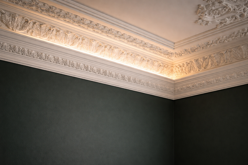 Weiße Stuckleiste mit Eierstab-Ornament an dunkelgrüner Altbau-Wand, indirekt beleuchtet mit warmem LED-Licht – moderner Kontrast zwischen historischem Stuck und zeitgenössischem Interior