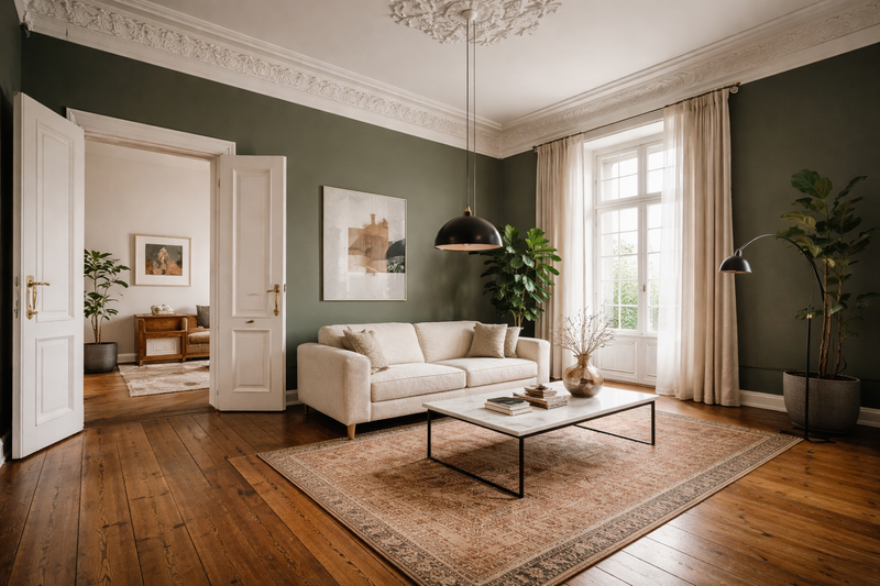 Eingerichtete Berliner Altbauwohnung mit hohen Stuckdecken, Dielenboden und Flügeltüren – dunkelgrüne Wände, modernes Bouclé-Sofa und deckenhohe Leinenvorhänge als Kontrast zur historischen Architektur