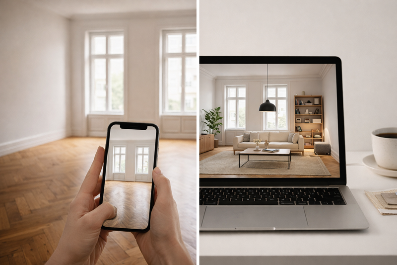 Online Interior Design Prozess: links ein Smartphone-Foto eines leeren Raums, rechts das fertige 3D-Raumkonzept auf dem Laptop – der digitale Weg vom Ist-Zustand zum Designkonzept