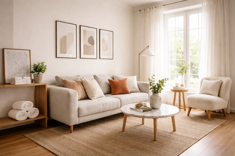 Stilvoll eingerichtete Airbnb-Wohnung mit konsistentem Skandi-Design: Leinensofa, Leseecke am Fenster, lokale Kunst und fotogene Details für bessere Buchungen und Bewertungen