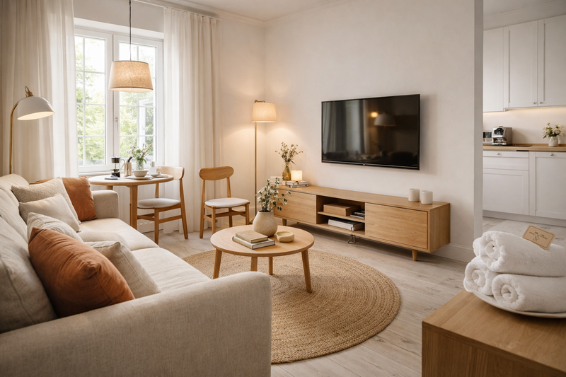Ferienwohnung einrichten: helles Wohnzimmer mit Leinensofa, Esstisch am Fenster, offener Küche und stimmigem Farbkonzept in warmen Naturtönen