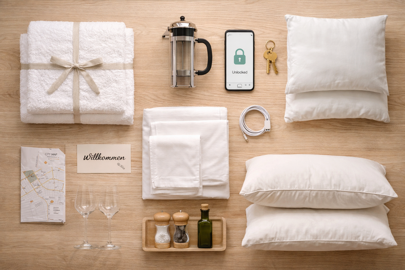 Ferienwohnung-Checkliste als Flat Lay: weiße Handtücher, Bettwäsche, Kaffeebereiter, Smart-Lock-Schlüssel, Stadtplan, Grundgewürze, Weingläser und Willkommenskarte – die wichtigsten Ausstattungs-Basics