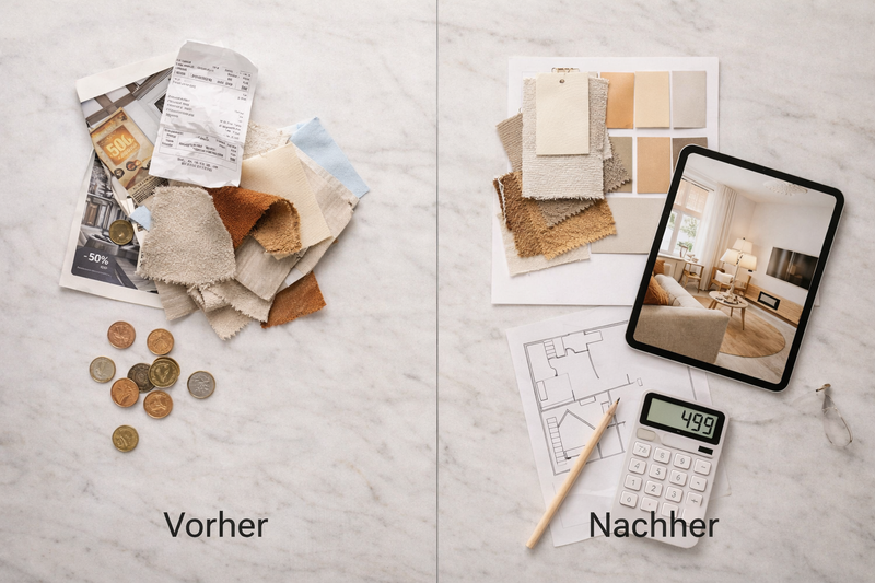 Ferienwohnung einrichten Kosten im Vergleich: links unkoordinierte DIY-Planung mit Fehlkäufen, rechts professionelles Designkonzept mit Moodboard, 3D-Visualisierung und Festpreis ab 499 Euro 