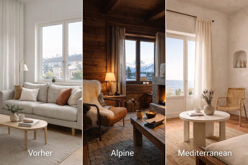Drei Ferienwohnungs-Einrichtungsstile im Vergleich: Skandinavisches Stadtapartment, alpines Chalet-Wohnzimmer und mediterrane Küstenwohnung – jeweils passend zur Region gestaltet