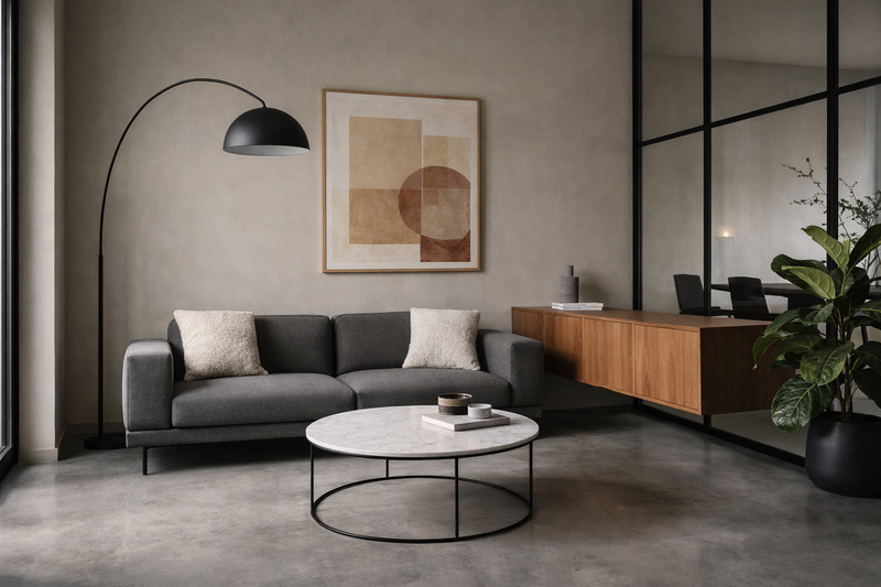 Modernes Wohnzimmer nach Bauhaus-Prinzip: anthrazitfarbenes Sofa, Marmor-Couchtisch, Walnuss-Sideboard und skulpturale Bogenlampe – Materialmix aus warm und kühl mit gezielter Reduktion