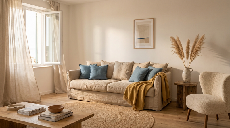 Helles Ferienwohnungs-Wohnzimmer mit harmonischem Farbkonzept nach der 60-30-10 Regel: warmweiße Wände, sandfarbenes Leinensofa und ozeanblau-senfgelbe Akzente