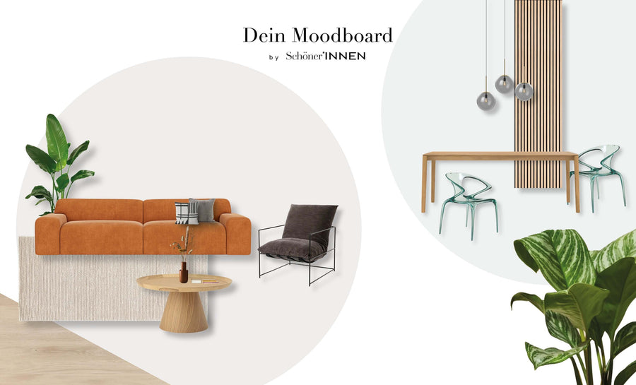 Moodboard mit 2D-Visualisierung von Schöner*INNEN: Sofa, Sessel, Esstisch, Leuchten und Pflanzen als Schritt im Designprozess